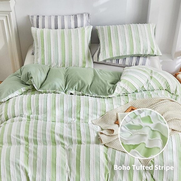 WARMDERN White and Green Boho Duvet Cover King Size, Striped Tufted Duvet Cover - Picture 2 of 8